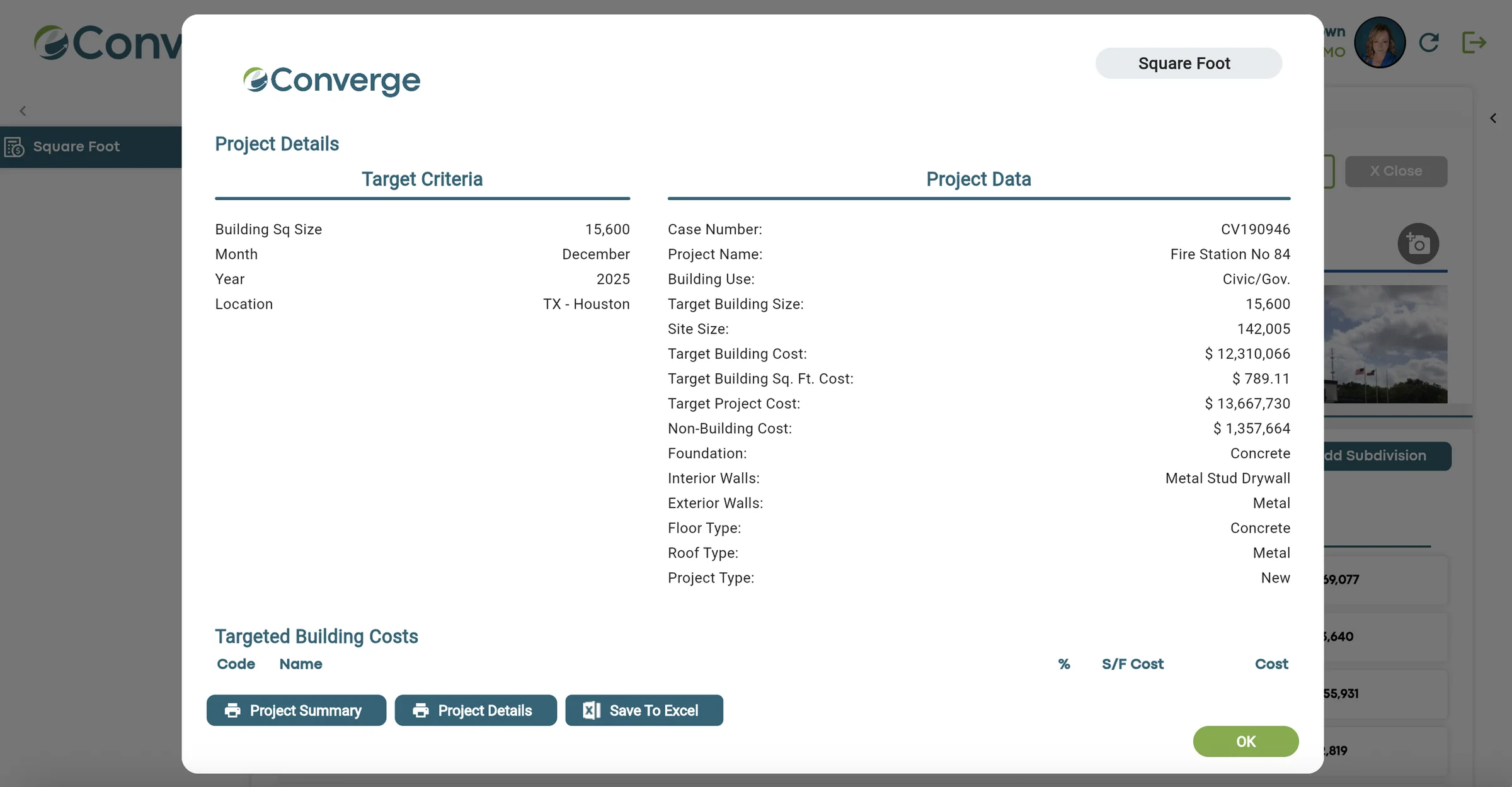Project details ready to export: target criteria, project data and buttons for project summary, project details and save to Excel