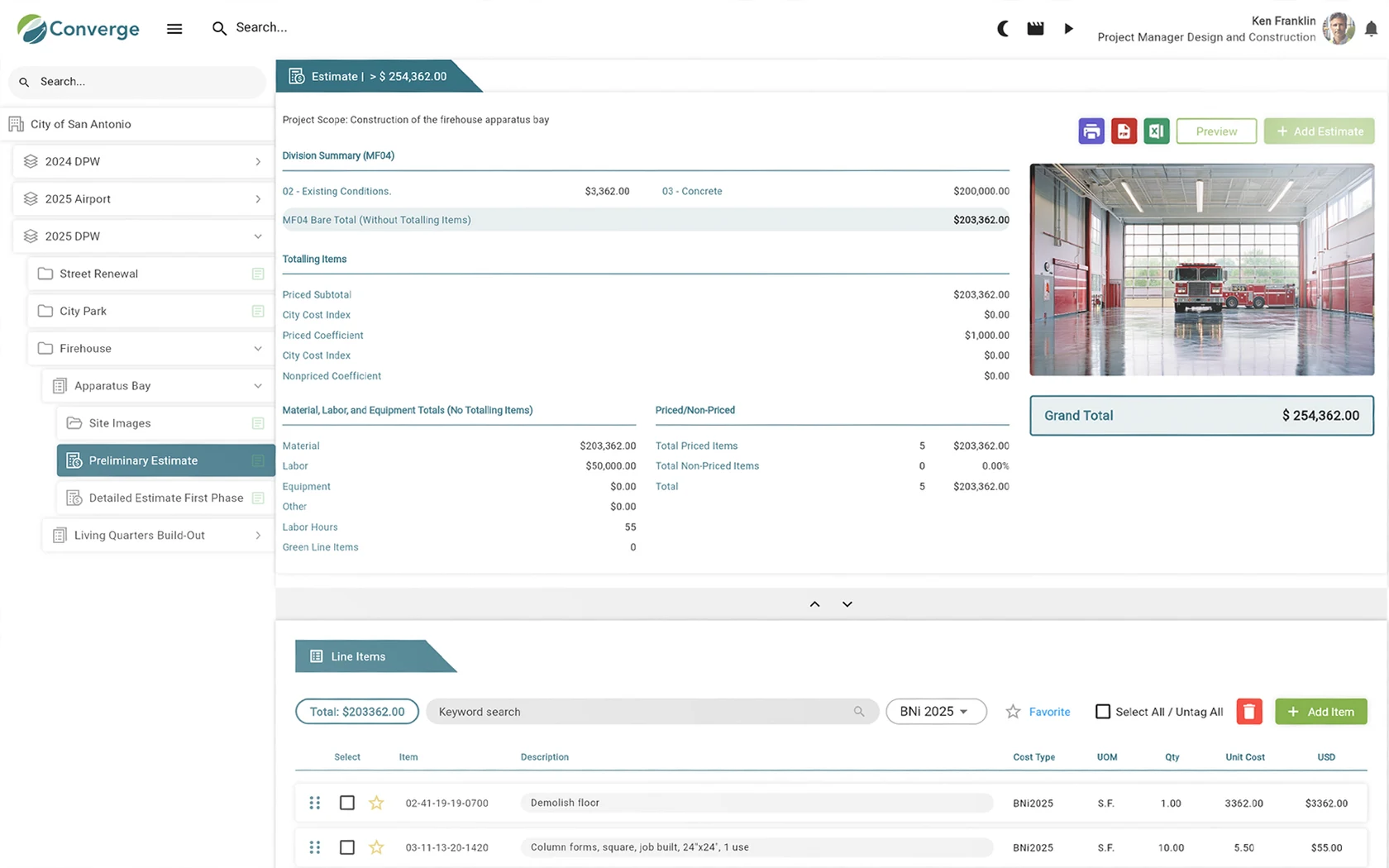 A unit price estimate for a firehouse apparatus bay: division summary, coefficients, material, labor and equipment totals, and BNi 2025 line items with unit, quantity and unit cost